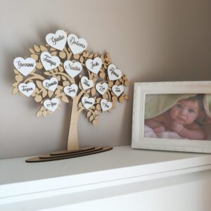 Wooden Family Tree - Laser Cut with Wooden Hearts